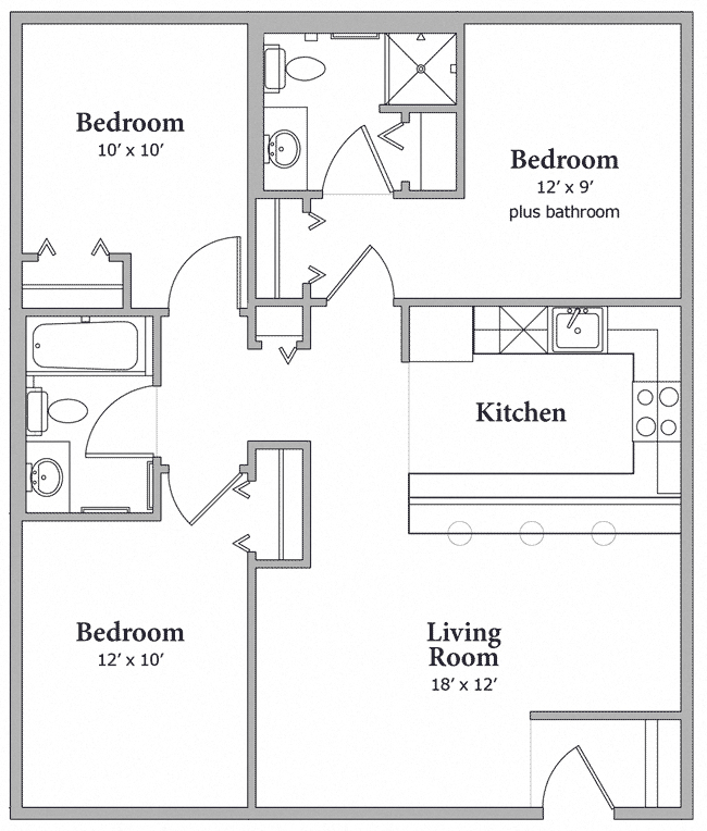 Floor plan for 3 beds, 2 baths, 943 sqft